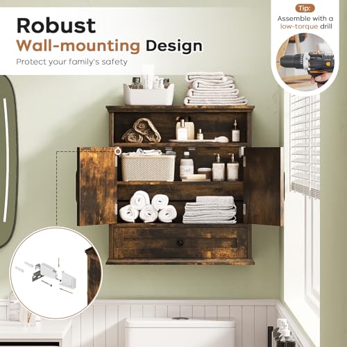 Viroformo Rustic Brown Wall Mounted Bathroom Cabinet with Open Shelf & Removable Drawer