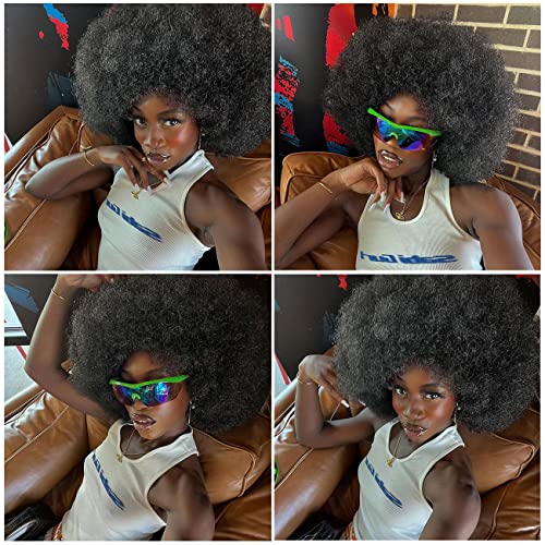 Short Afro Wig with Bangs for Black Women - 70s Kinky Curly Premium Synthetic Wig, Natural Black