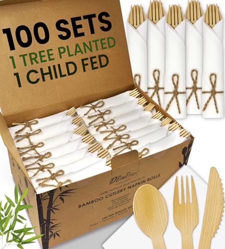 100 Pack EcoPreps Biodegradable Bamboo Cutlery & Napkin Set - Disposable Party Tableware