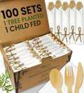 100 Pack EcoPreps Biodegradable Bamboo Cutlery & Napkin Set - Disposable Party Tableware