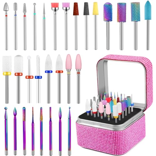 Pink Nail Drill Bits Set with Rhinestone Storage Box - 30 Pieces for Nail Art and Manicure