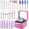 Pink Nail Drill Bits Set with Rhinestone Storage Box - 30 Pieces for Nail Art and Manicure