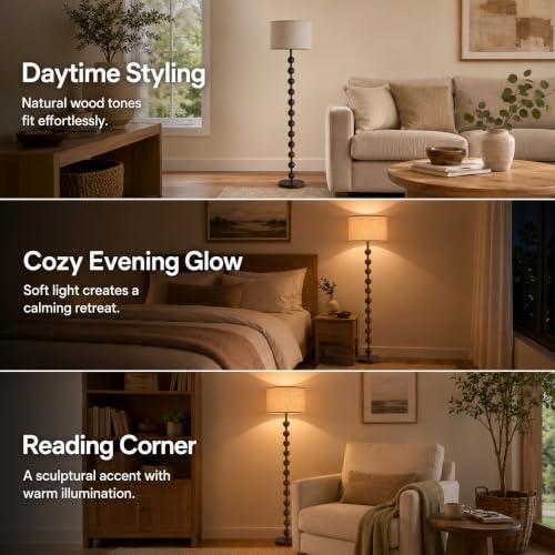 Fetason 63-Inch Modern Farmhouse Dimmable Floor Lamp with Remote Control - Black & Brown Wood Pattern