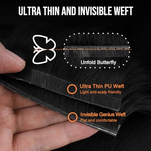 Butterfly Weft Hair Extensions Human Hair 18 Inch - Jet Black #1 - Reusable & Seamless