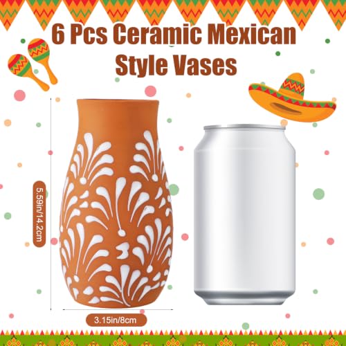 Set of 6 Mexican Terracotta Vases with Floral Design - Brown & Leaf Variation