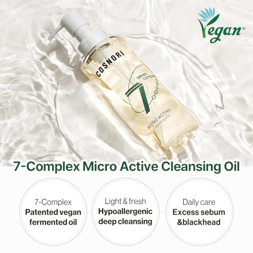 COSNORI 7-Complex Micro Active Cleansing Oil ? Korean Vegan Facial Cleansing Oil, Fresh and Light Finish ? Gentle Makeup Remover for Face, Hypoallergic, Fermented 7-Oil Complexes, 6.7 fl.oz.