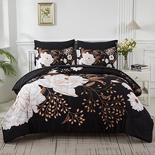 Black Floral Queen Bed in a Bag 7-Piece Comforter Set Botanical Bedding