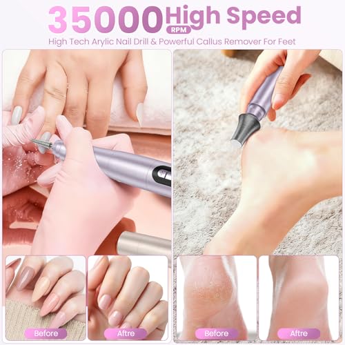 Cordless Nail Drill with LCD Display - 35000RPM Rechargeable Manicure & Pedicure Tool - Purple