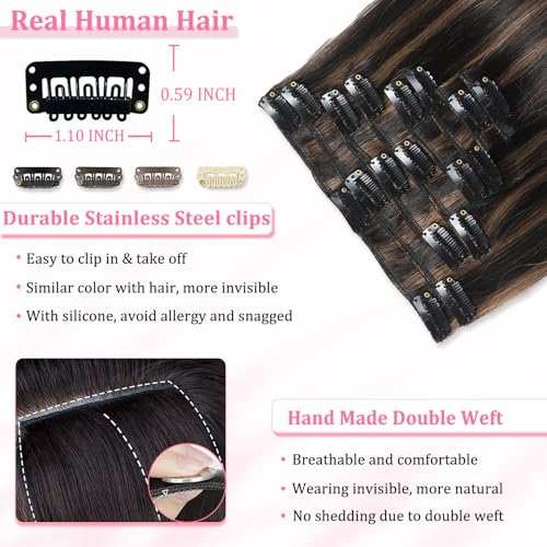 Clip in Hair Extensions 14 Inch Balayage Natural Black to Chestnut Brown - Seamless Human Hair