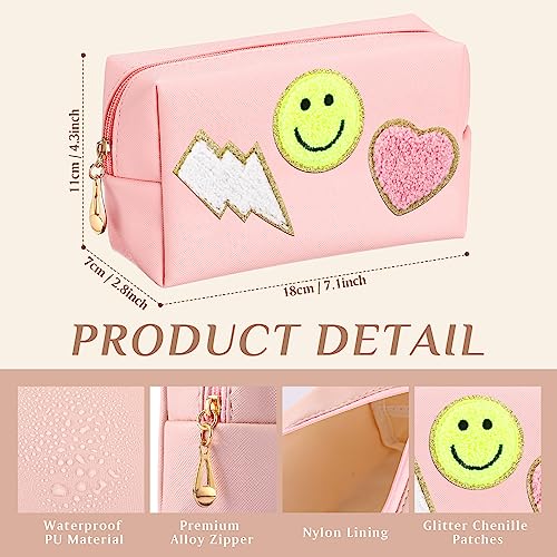 Sanwuta 20 Pcs Preppy Patch Makeup Bag Bulk PU Leather Cosmetic Bags Chenille Letters Organizer Smile Lightning Heart Toiletry Pouch Waterproof Zipper Purse End of the Year Teacher Gifts for Women