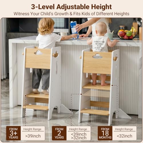 Toddler Standing Kitchen Stool with Safety Rail - Natural & White