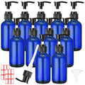 Blue Glass Travel Pump Bottles Set with Labels & Funnel - 12 Pack, 4 oz