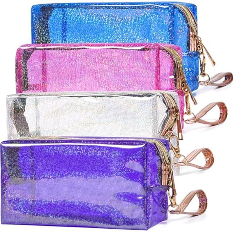 4Pcs Clear Makeup Bag Cosmetic Organizer Case Waterproof Travel Toiletry Bag with Handle, PU Makeup Bag Zipper Pouch Travel Cosmetic Bags for Women Accessories (Blue+Pink+Silver+Purple)