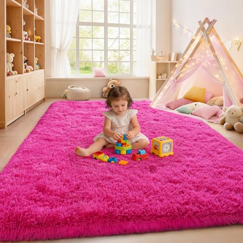 8x10 Hot Pink Area Rug for Girls Bedroom - Plush High Pile Fuzzy Carpet