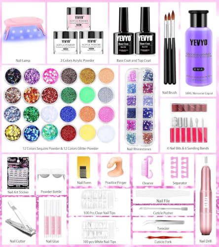 YEVYO 259pcs Acrylic Nail Kit with Drill & UV Light for Beginners - Glitter Powder, Tips & Tools