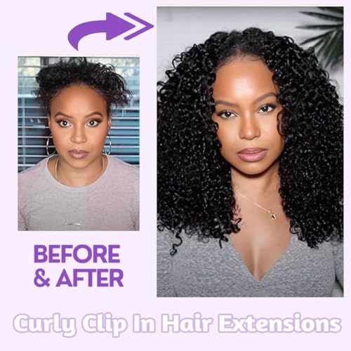 CALNESHIA 1B 14 Inch Curly Clip-In Hair Extensions Human Hair Black Women 110g
