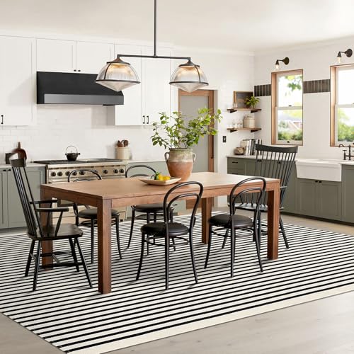 Indoor Outdoor Striped Area Rug - Washable Cotton Blend, 8x10 Light Beige & Black Variation