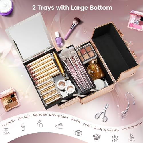 Rose Gold Makeup Case Organizer with Mirror - Travel Train Box & Storage