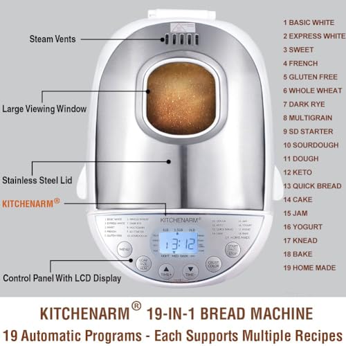 KITCHENARM 19-in-1 Bread Maker with 3 Loaf Sizes & Stainless Steel Lid, White