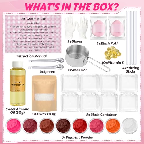 JCOOS DIY Blush Kit, 8 Colors Make Your Own Cream Blush Making Kit, for Cheeks, Face, Eyeshadow, Lip Dewy Finish with Beeswax, Sweet Almond Oil, Pigment, Containers, Puff Makeup Friend Gifts for Women