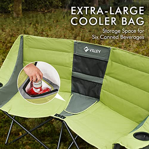 Green VILLEY Double Camping Chair with Cooler Bag, Wide Loveseat, Heavy Duty Foldable Couch, Portable Steel Frame, 600 lbs Capacity