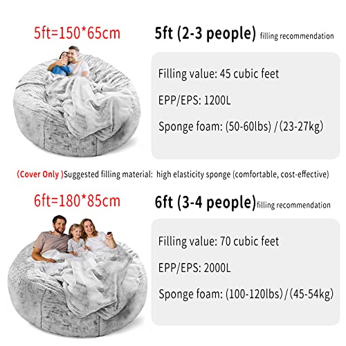 5ft Snow Grey Bean Bag Chair Cover for Adults - Lazy Sofa Bed Slipcover