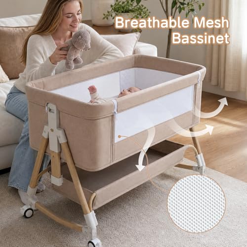Baby Bassinet 3-in-1 Bedside Sleeper with Adjustable Height & Mesh, Khaki