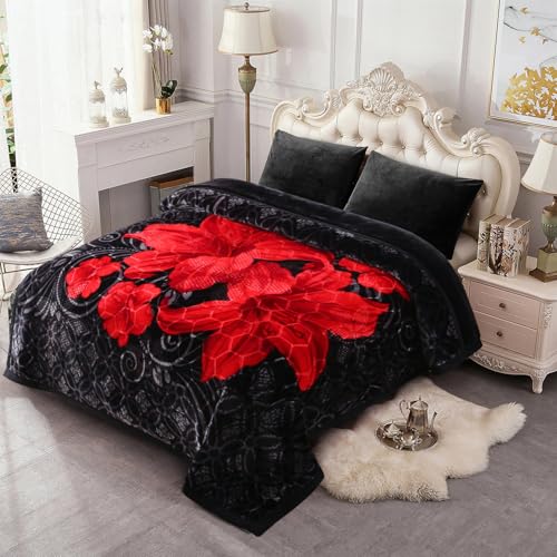 JML Korean Style Fleece Blanket King Size 87x94 with Black Flower Pattern