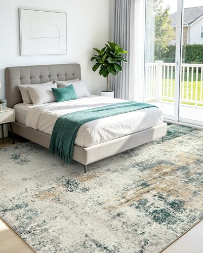 9x12 Modern Abstract Area Rug - Gray Green Washable Non-Slip Carpet for Living Room, Dining, Bedroom, Office - Variation: Gray Green/Mud Yellow