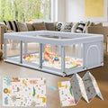 Fshibila 74x50 Inch Baby Playpen with Soft Mesh & Mat - Indoor & Outdoor Safety Play Yard, Grey