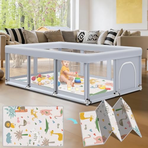 Fshibila 74x50 Inch Baby Playpen with Soft Mesh & Mat - Indoor & Outdoor Safety Play Yard, Grey