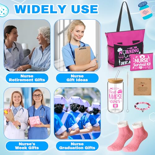 5 Pcs Valentine Nurse Gifts for Women Include Ribbon Zippered Tote Bag Makeup Bag 16 oz Glass Cup Bracelets and Sock Appreciation Gift Set for Galentines Female Gift(Hot Pink,Nurse)