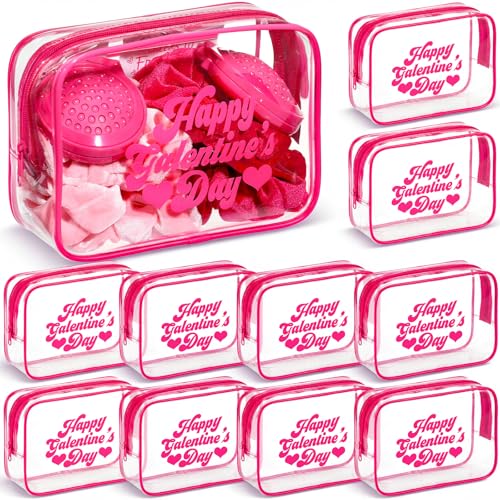 12 Pcs Galentine's Day Clear Makeup Bags with Frame - Hot Pink Gift Set