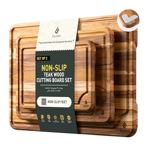 Teak Wood Cutting Boards Set - Multi-Size 3 Pack with Non-Slip Base
