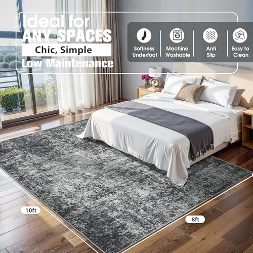 Black/Grey 8x10 Washable Area Rug for Living Room and Bedroom - Non-Slip, Durable, Pet & Kid Friendly
