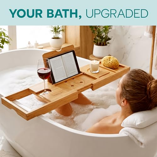 SereneLife Natural 2-in-1 Foldable Bamboo Bath and Bed Tray with Adjustable Length