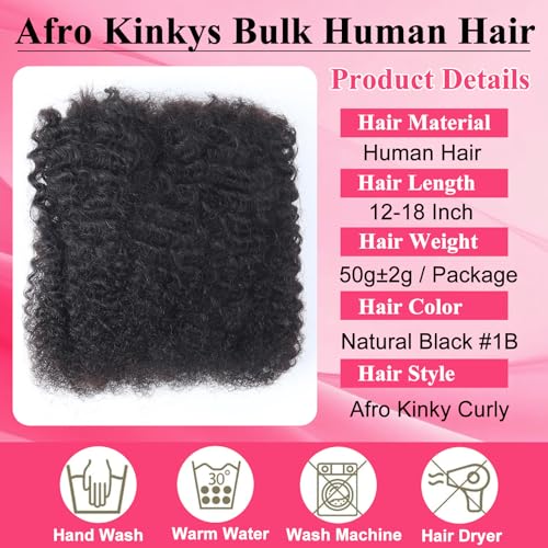Afro Kinkys Bulk Human Hair for Braiding & Twist - 18 Inch Black - No Weft