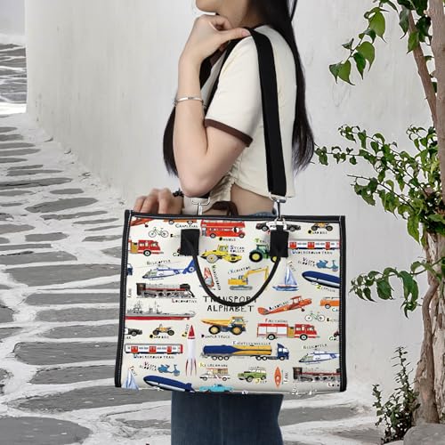LEVLO Transport ABC Canvas Tote Bag Vehicle Alphabet Gift Transport Alphabet Shoulder Bag Car A-Z Merchandise