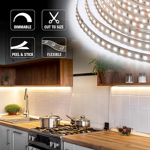 LED Strip Lights 12V White 3000K Soft White - 32.8 ft, 120 LED/m, Flexible Tape
