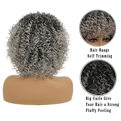 Gray Afro Curly Wig with Bangs for Black Women - Ombre Short Hair, Adjustable Fit, Synthetic Fluffy Style - Variation of THIS listing