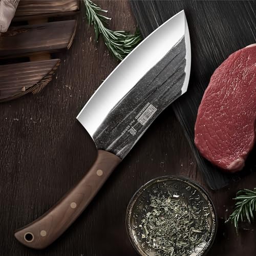 6-Inch Hand Forged Meat Cleaver Knife with Wooden Handle - Heavy Duty Butcher Chopper