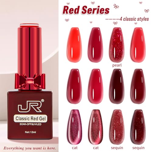 Red Gel Nail Polish Set 12ml 12-Piece Kit with Cat Eye Glitter Pearl - Variation of THIS listing