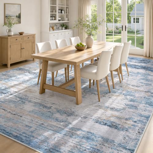 Large Washable 8x10 Area Rug for Living Room & Bedroom Blue Brown - Non Slip