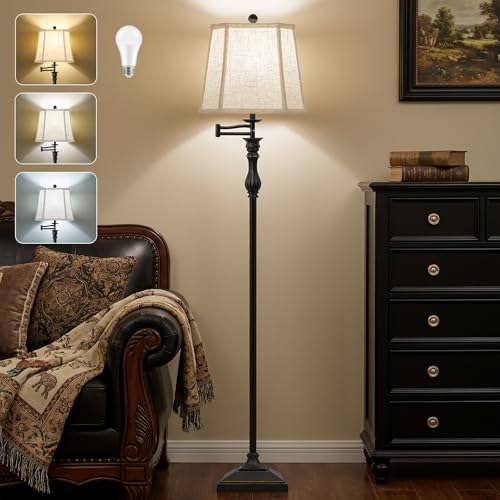 Black 62-Inch Adjustable Floor Lamp with Swing Arm and Linen Shade