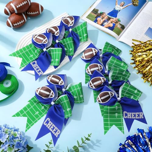 Yuxung 20 Pcs Blue Glitter Football Cheer Hair Bows 7" Sports Team Accessories