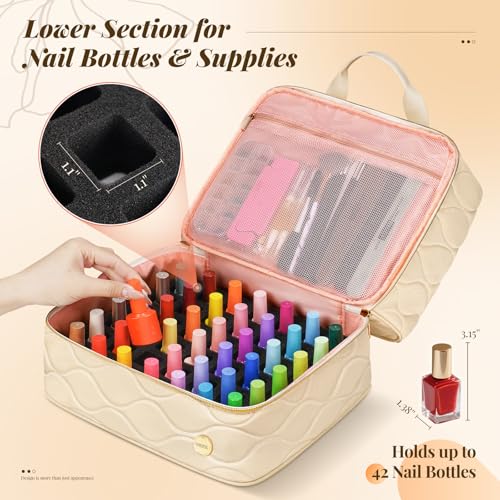 YOREPEK Beige 2-Layer Nail Polish Organizer Case for 42 Bottles (15ml)
