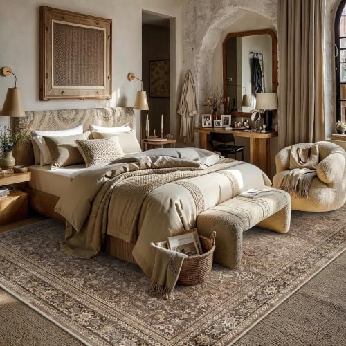 Brown 8x10 Vintage Washable Area Rug for Living Room - Distressed Floral Pattern
