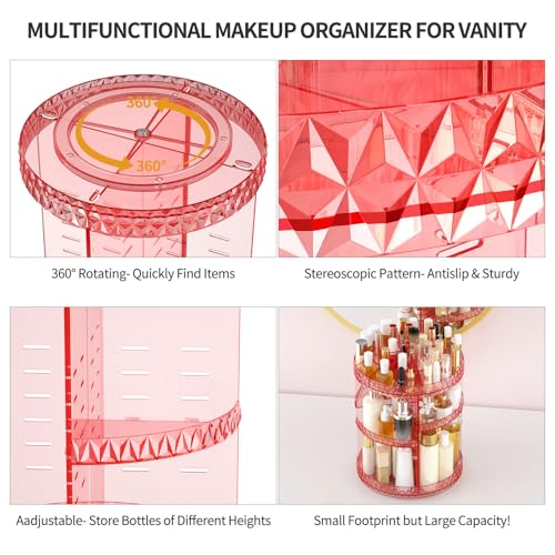 Pink 360° Rotating Makeup Organizer with Adjustable Compartments – Acrylic Cosmetic Caddy Shelf Storage for Lipsticks, Brushes & Accessories