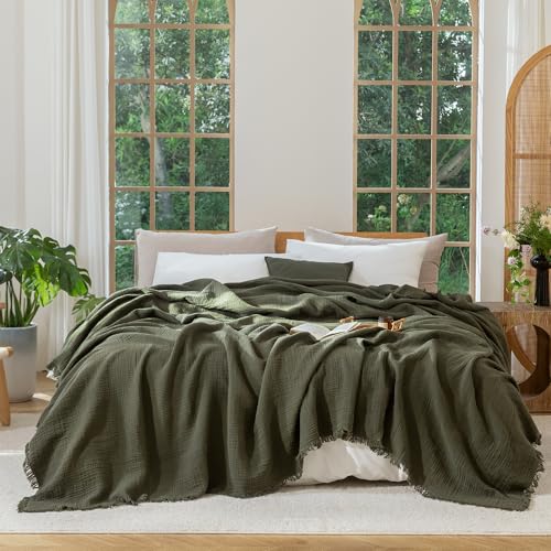 Olive Green MooMee 100% Cotton Gauze Bed Throw Blanket, 4-Layer Fringed Summer Cover