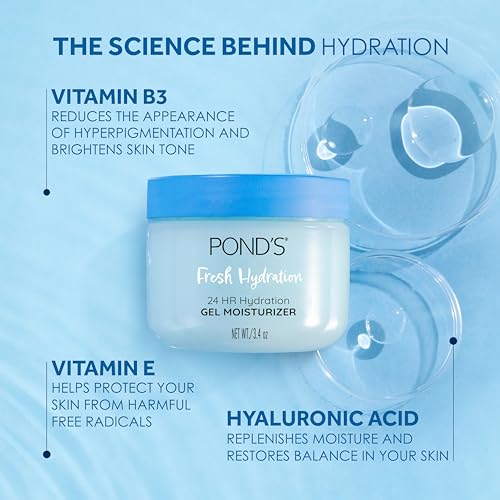 POND¡¯S Fresh Hydration Gel Moisturizer ? 24 HR Hydration with Vitamin E, Hyaluronic Acid & Vitamin B3 ? Alcohol & Oil-Free Face Moisturizer ? Dermatologist Tested, 3.4 oz